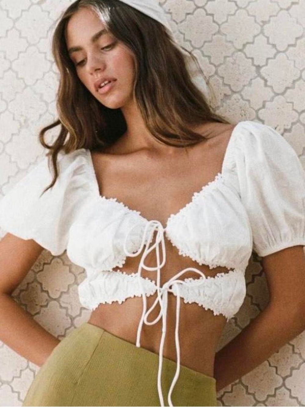Sabo Skirt Kate Cutout Tie-Front Puff Sleeve Crop Top